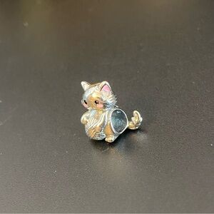 925 Sterling Silver Cat Pandora Style Charm with Pink Accents